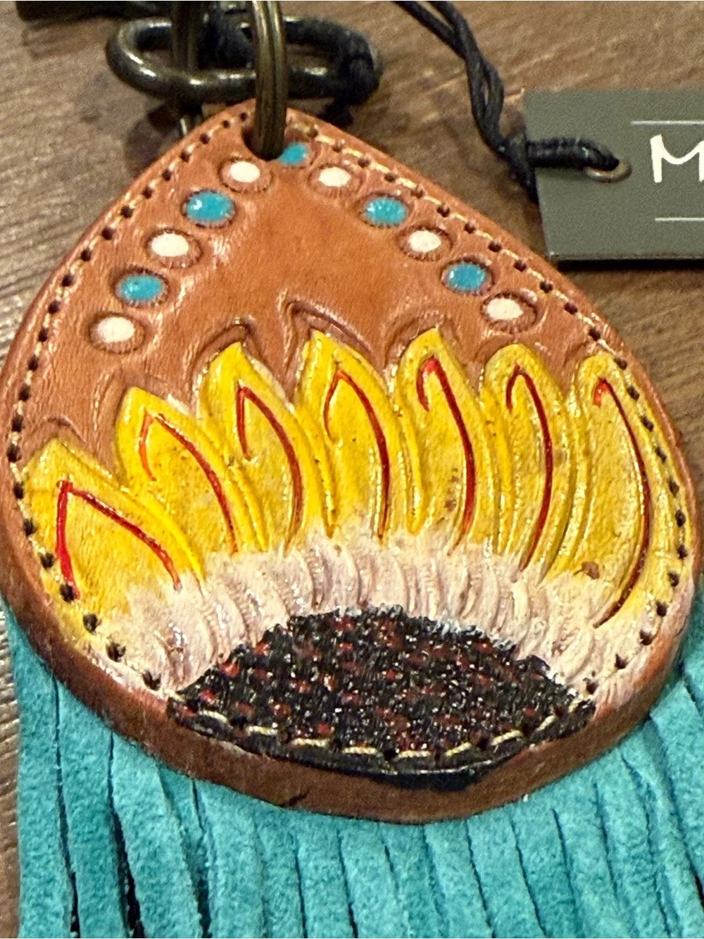 Myra Bag Sunflower Leather Fringe Keychain Turquoise Western NWT
